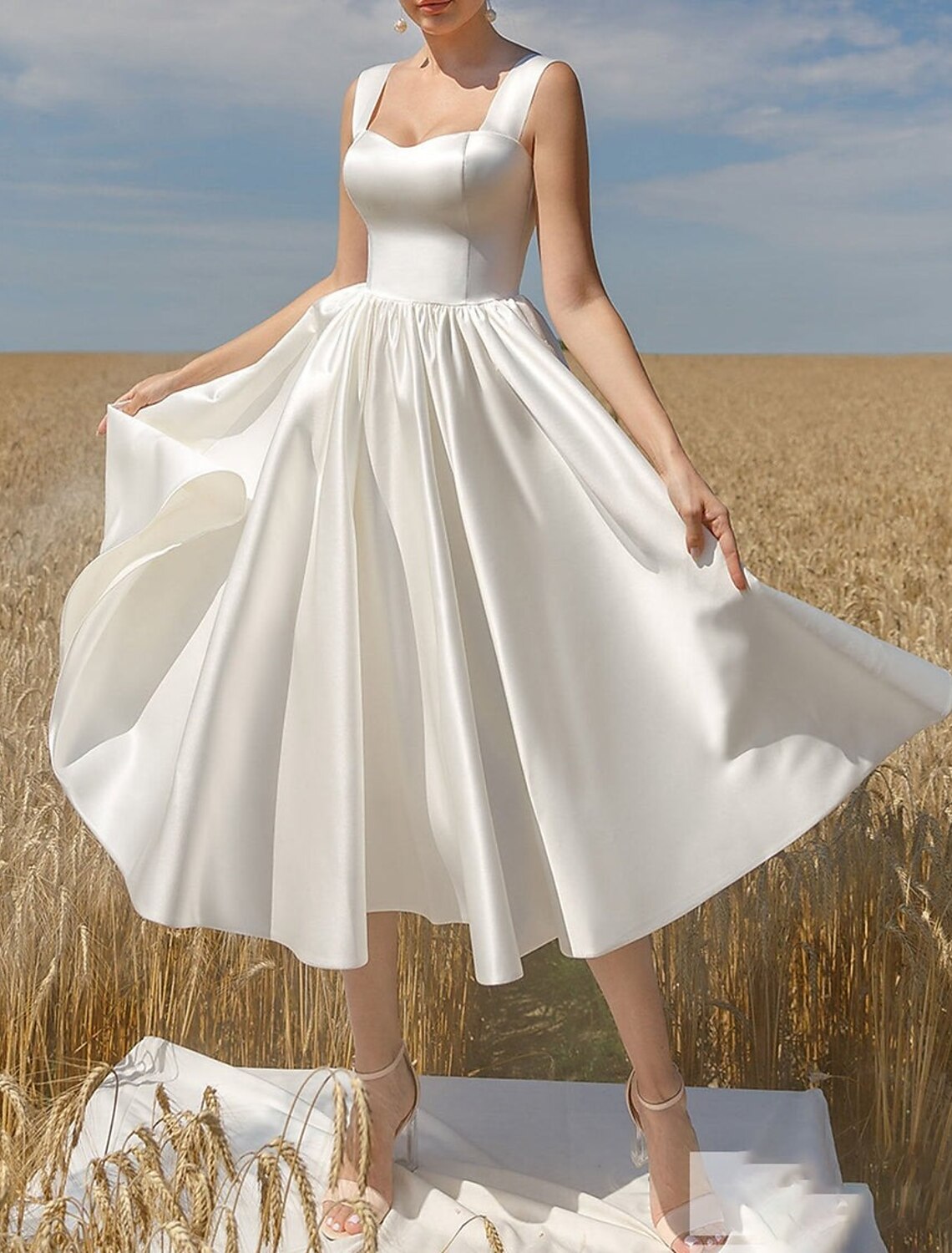 Wholesale A-Line Cocktail Dresses Elegant Dress Wedding Guest Graduation Tea Length Short Sleeve Scoop Neck Italy Satin with Sleek